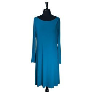 Eileen Fisher Womens M Teal Jersey Midi Dress Relaxed Boat Neck Long Sleeve